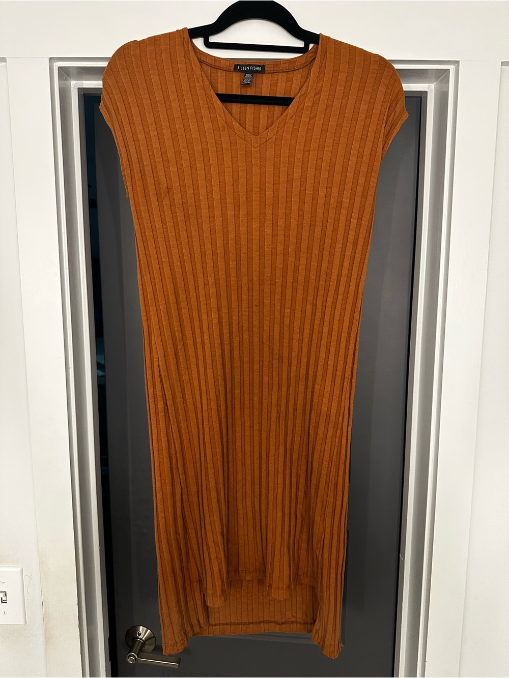 Eileen Fisher Ribbed V-Neck Midi Dress - Burnt Orange